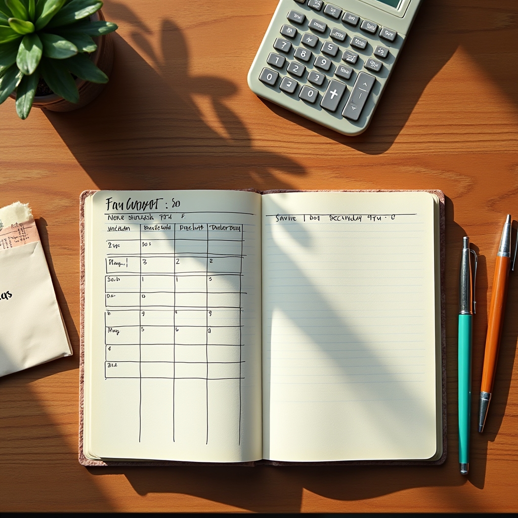 Open notebook with a hand-drawn budget chart, a pen, and a calculator on a wooden desk